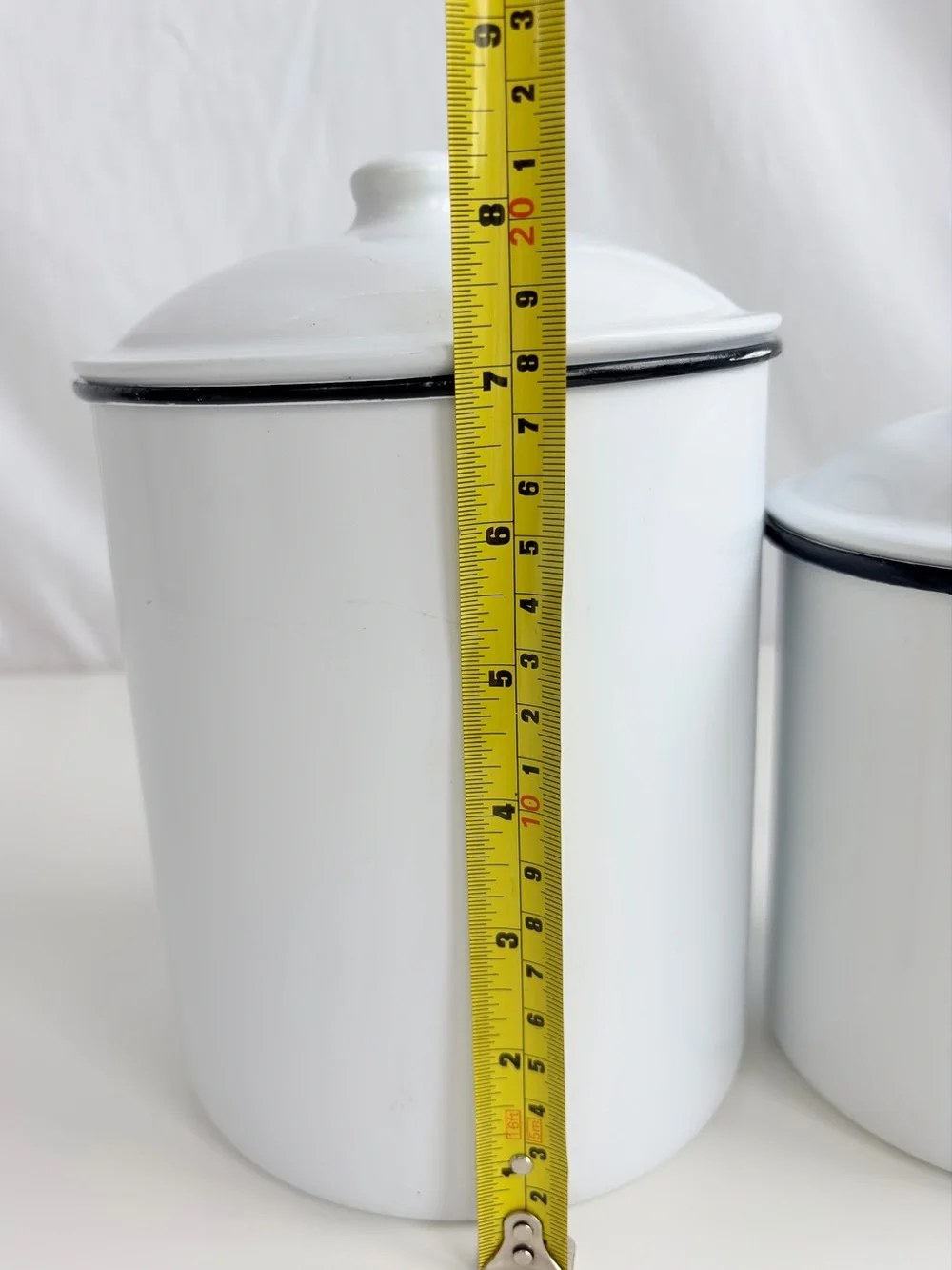 2 Piece Canister Set Vintage Inspired White & Enamel Black Rim Round Tin Storage